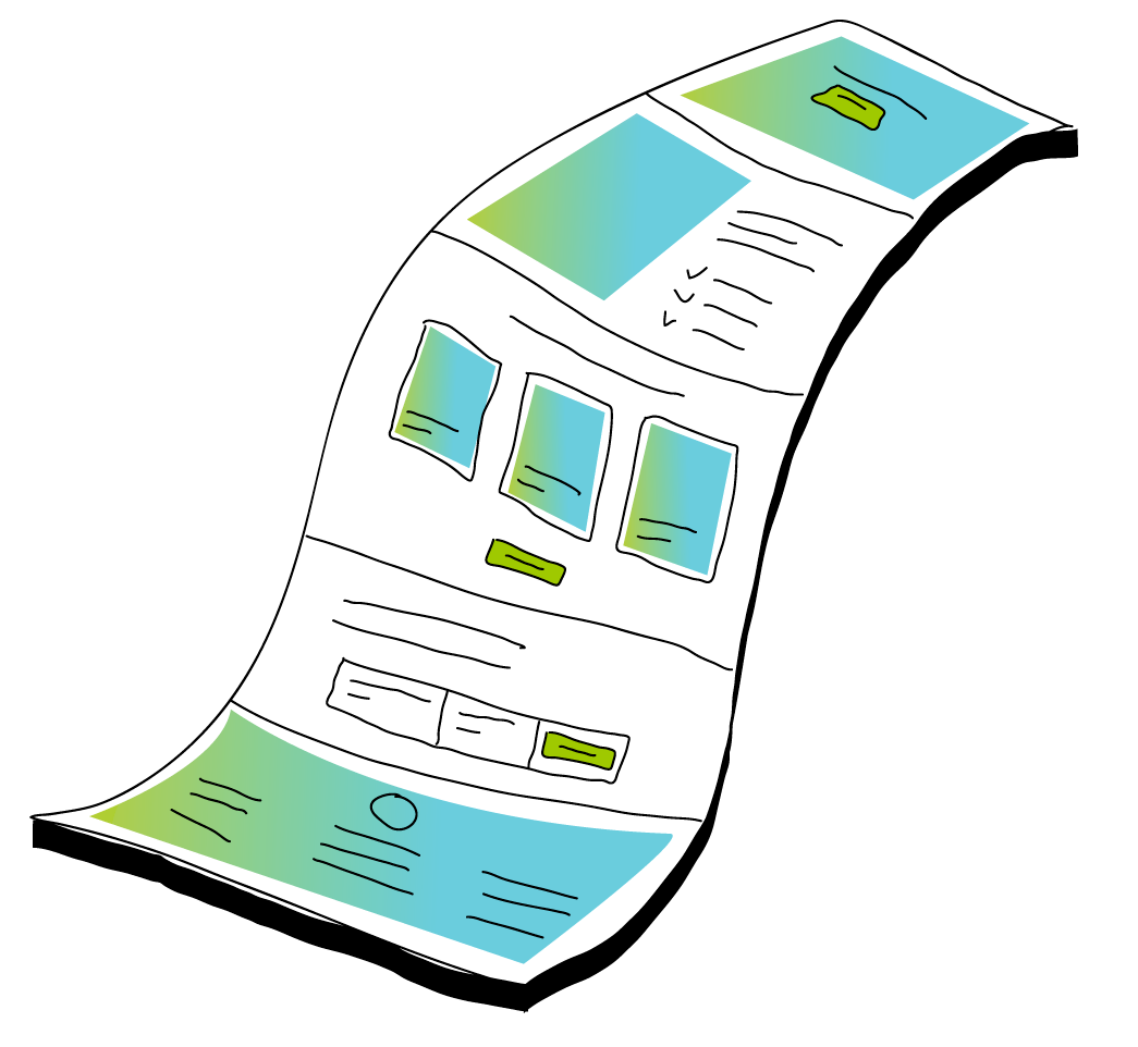 Visualisierung eines modularen Aufbaus einer Internetseite, bestehend aus verschiedenen Inhaltselementen wie Texten, Bildern und Schaltflächen