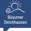 Sprechblase mit einem Sonnen-Symbol und der Überschrift Büsumer Deichhausen