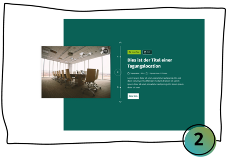 Vertikale Timeline+ Modul in Variante 2 mit versetztem Bild auf farbigem 2/3-Bühnenhintergrund