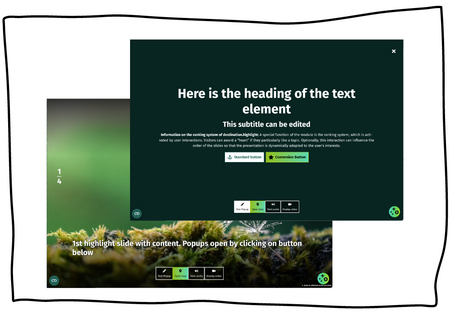 Display of two overlapping highlight elements consisting of a screen-filling image or a background colour, with a headline, description texts and buttons in front of it in the middle or at the bottom edge