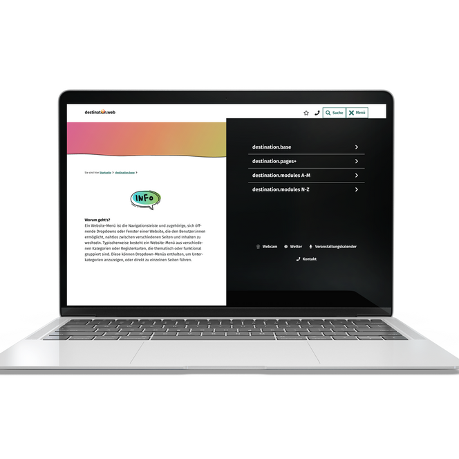 Aufgeklappter Laptop, der das übergeordnete Menü dieser Website in einem dunklen Farbschema auf der rechten Seite zeigt