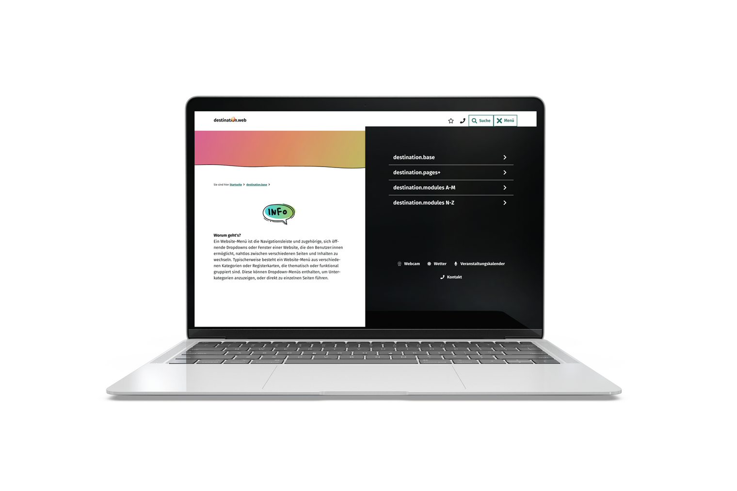 Aufgeklappter Laptop, der das übergeordnete Menü dieser Website in einem dunklen Farbschema auf der rechten Seite zeigt