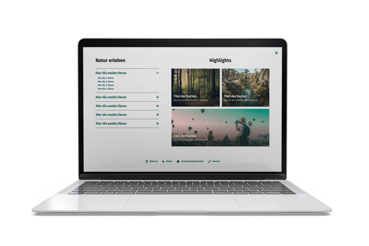 Aufgeklappter Laptop, der das Menü einer Internetseite in Akkordeon-Ansicht mit Highlight-Inhalten auf der linken Seite zeigt