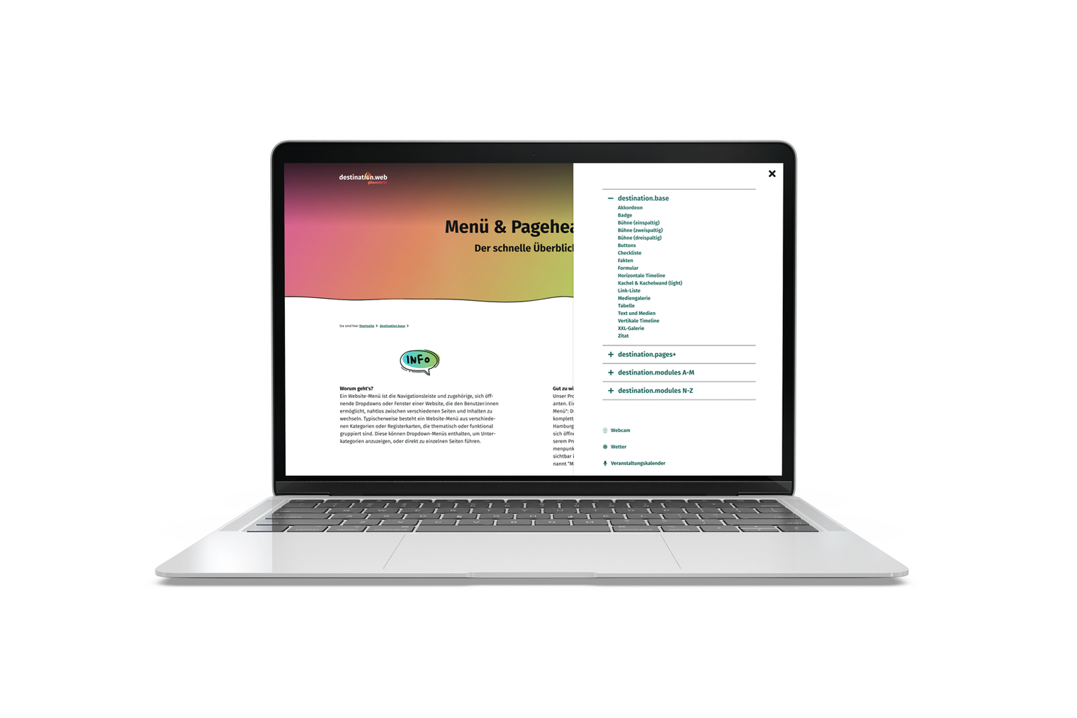 Opened laptop showing the menu of this website as an accordion view on the right side