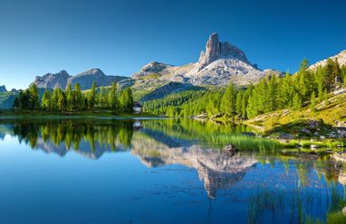 Landschaftsfoto mit einem See vor einem Bergpanorama und Wäldern