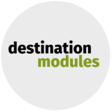 Rundes Logo von destination.modules in schwarz-grüner Schrift